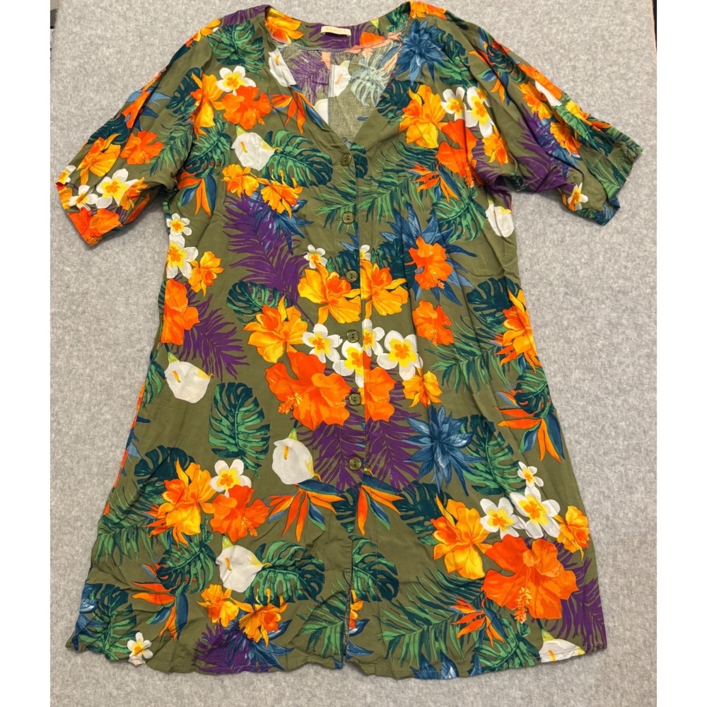 Badder Women Olive Green Tropical Floral Button Front Viscose Mini Dress Size XL